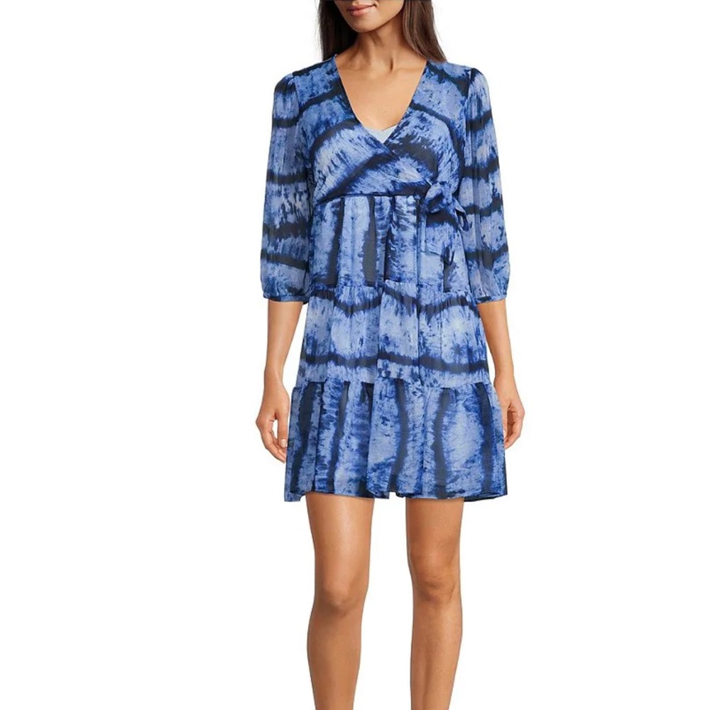 NWT Calvin Klein Iceberg Blue V-Neck 3/4 Balloon Sleeve Tiered Dress (14)